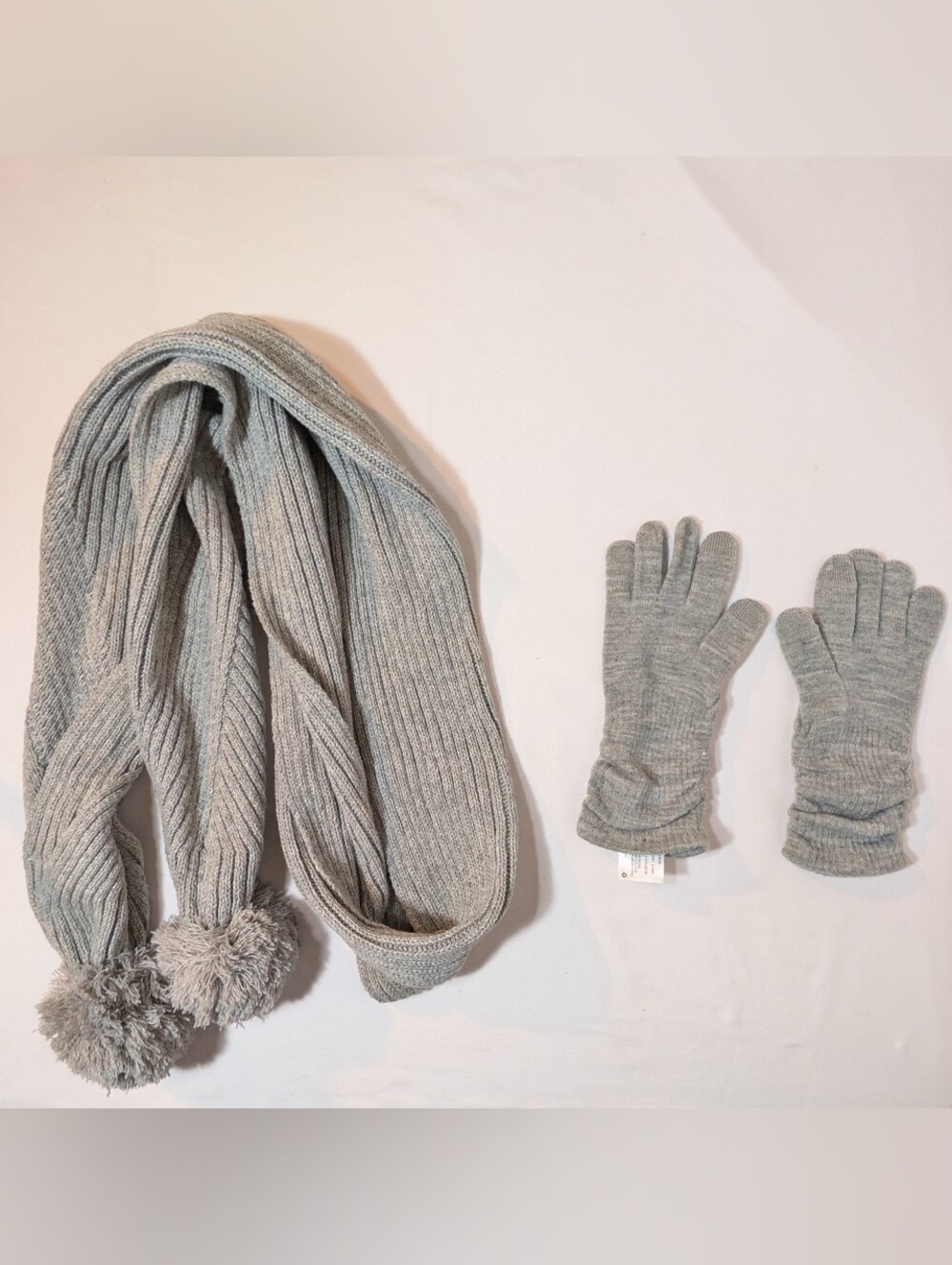 A New Day Scarf 84 Inch Pom Poms Glove Gloves Light Gray Grey Set Oblong
